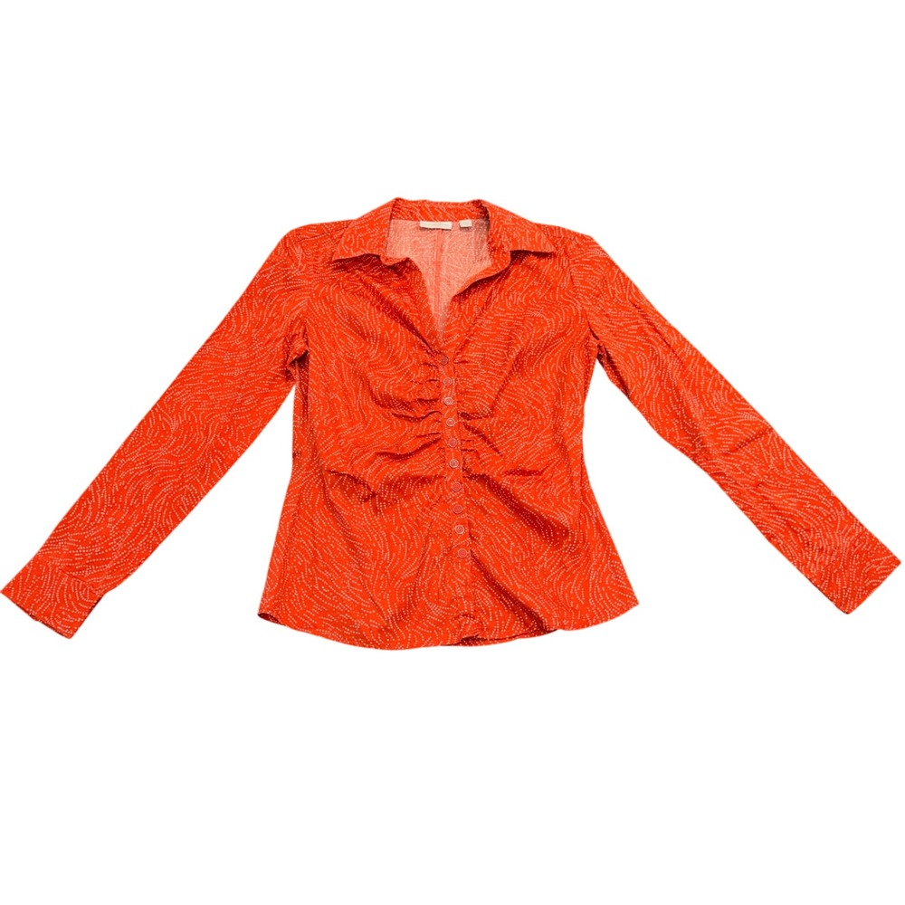 New York & Company Womens Orange White Dotted Swirl Ruched Button Down Shirt S
